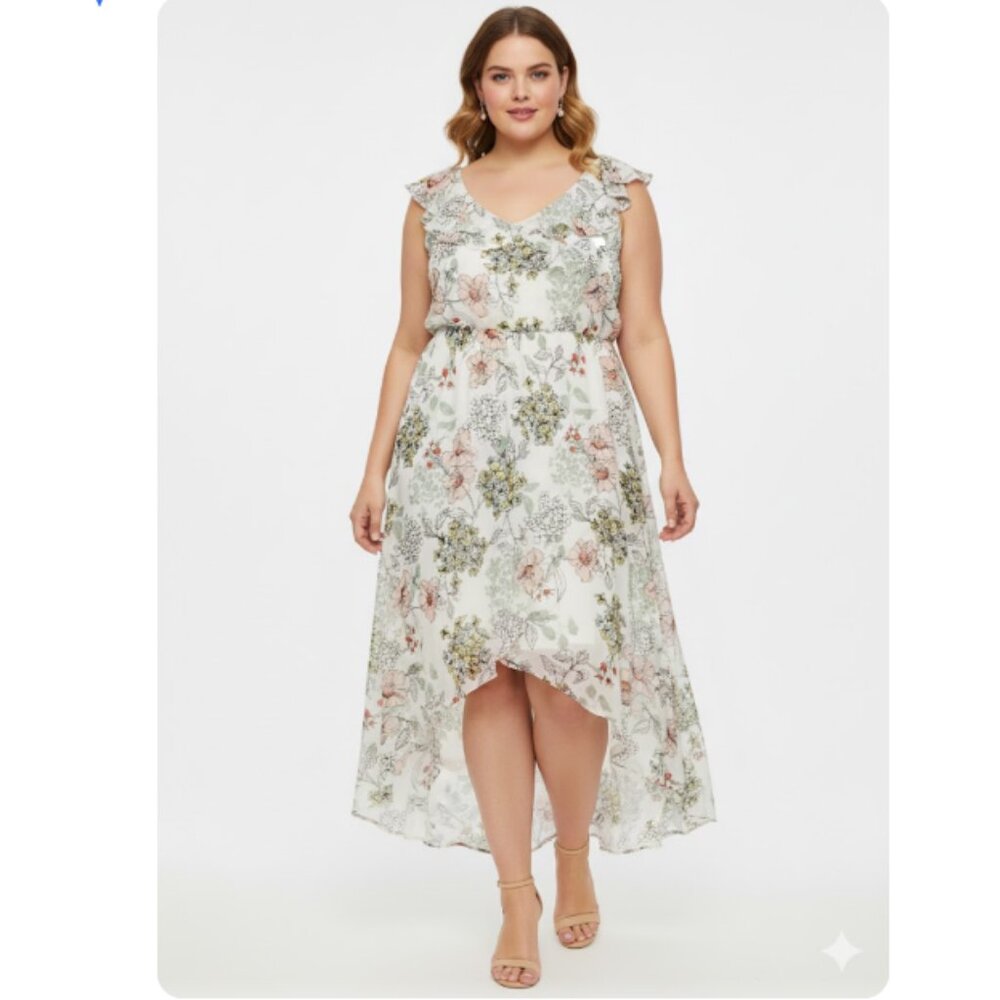 C Est. 1946 size XL Floral Ruffle Feminine High Low Midi Dress Romantic Vacation